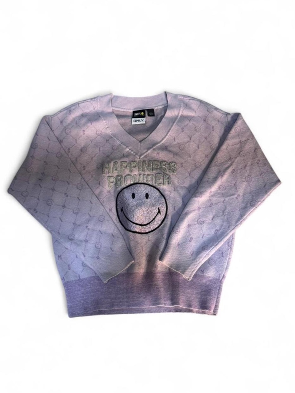 NWOT ONLY x Smiley Company Lilac Monogram Print Happiness Provider Sweatshirt